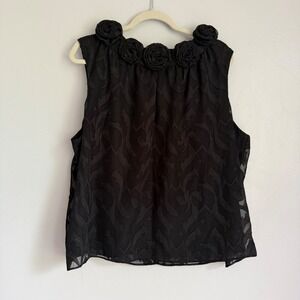 Y2K Jackie Jon Black Rosette Neckline Sleeveless Blouse Plus Size 20W Modest